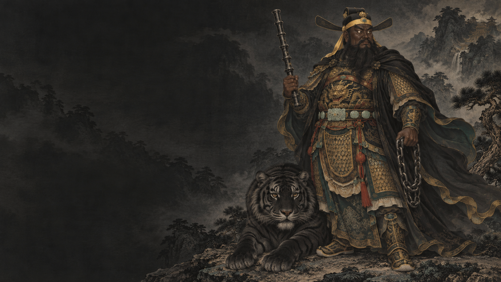 依据传统图像特征创作的赵元帅绘像：铁色面、浓须，披甲执铁鞭与铁索，黑虎相随